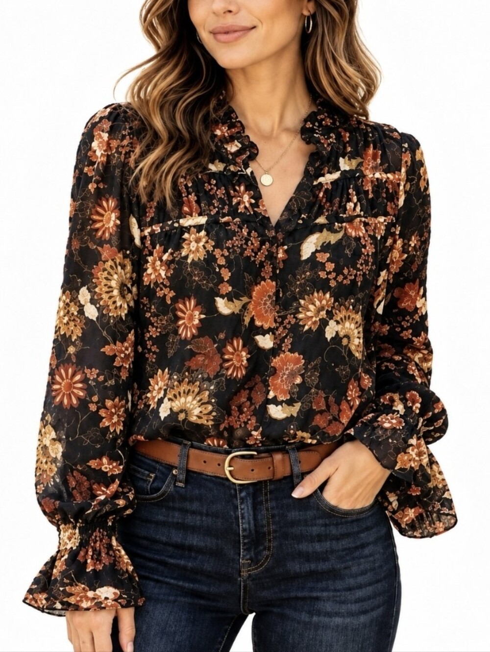 Evereve Stelle Floral Metallic Sheer Blouse Black Brown W/ Camisole Boho Size M